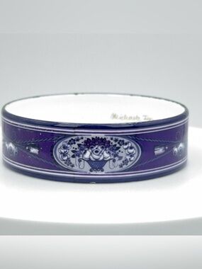 Vintage Michaela Frey Purple Blue White Floral Enamel Wide Bangle Bracelet